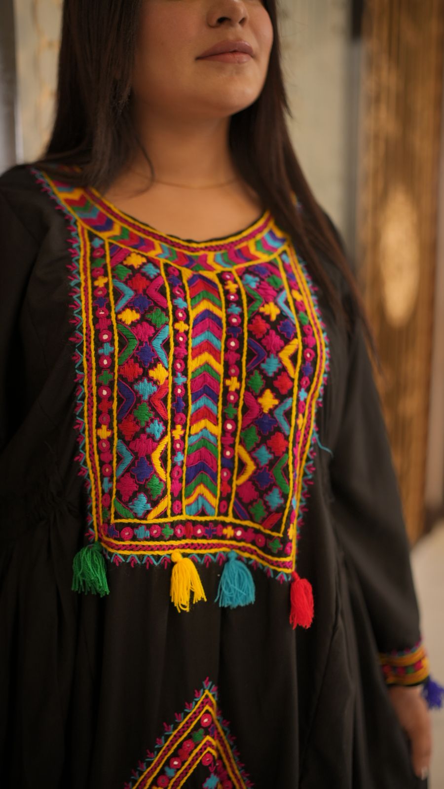 Black Pathani Frock – Hand Embroidered Elegance with Shesha Work
