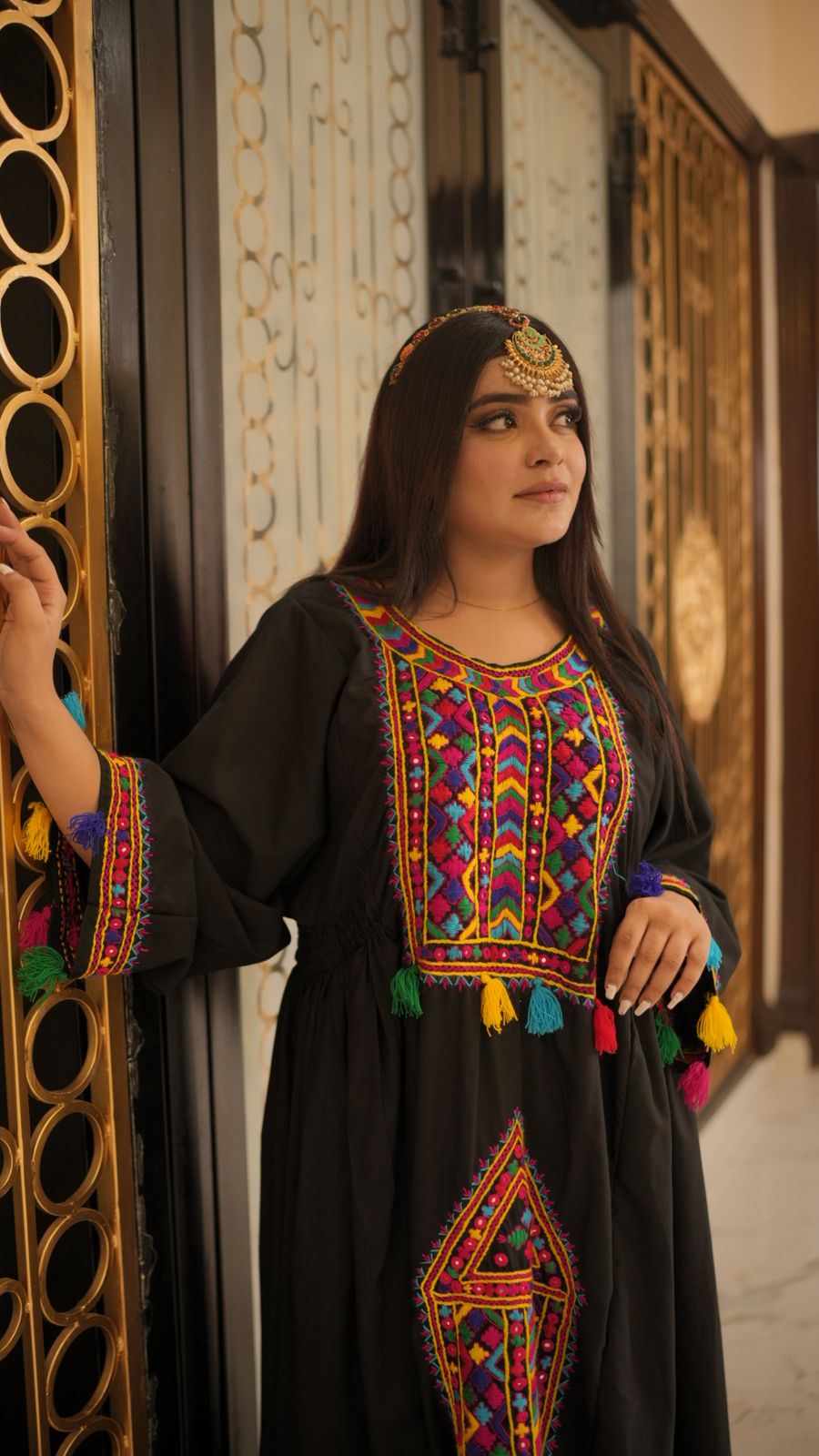 Black Pathani Frock – Hand Embroidered Elegance with Shesha Work