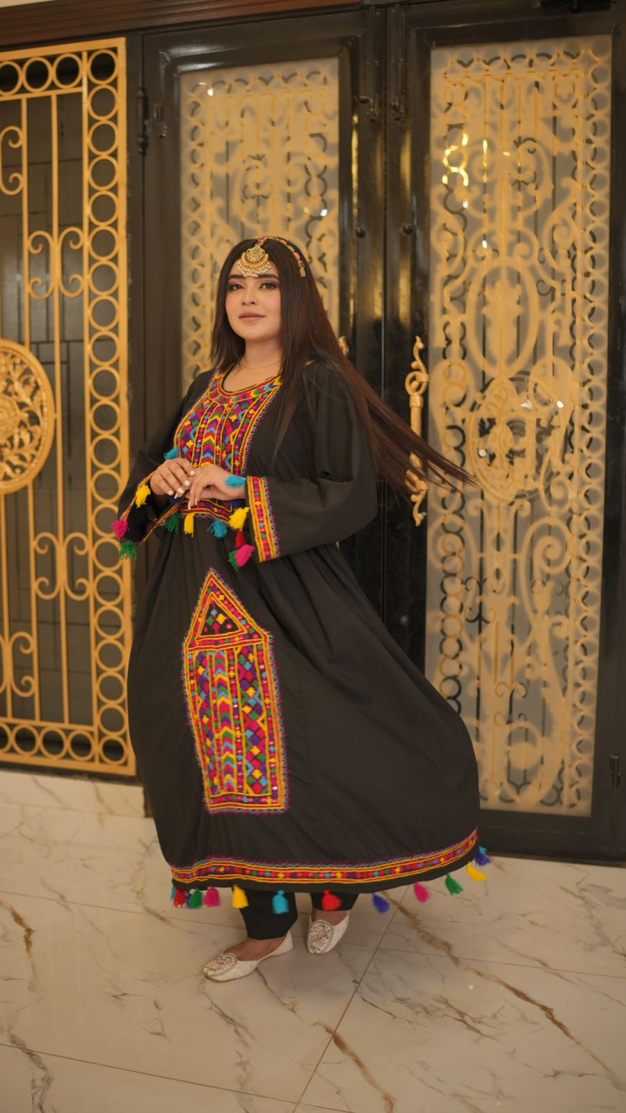 Black Pathani Frock – Hand Embroidered Elegance with Shesha Work