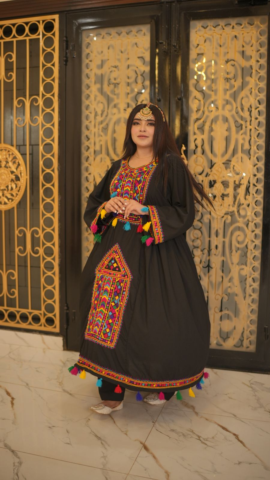 Black Pathani Frock – Hand Embroidered Elegance with Shesha Work