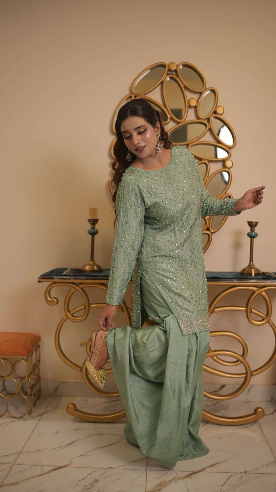 Pastel-Toned Shirt & Box-Pleated Trouser Set – Subtle Glamour, Modern Grace