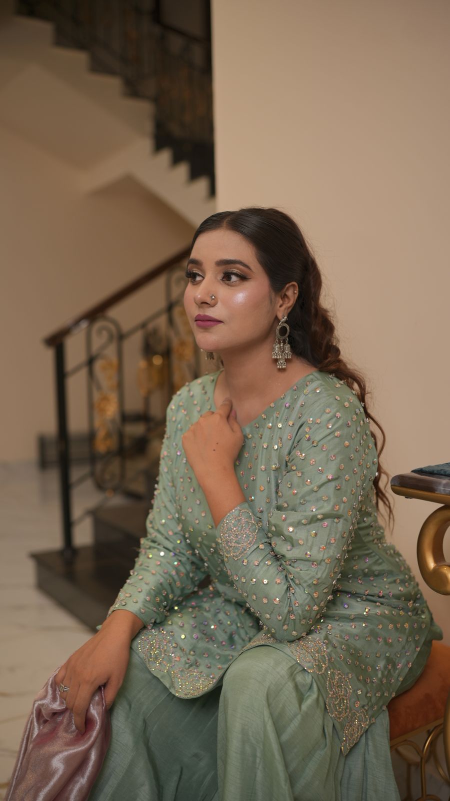 Pastel-Toned Shirt & Box-Pleated Trouser Set – Subtle Glamour, Modern Grace