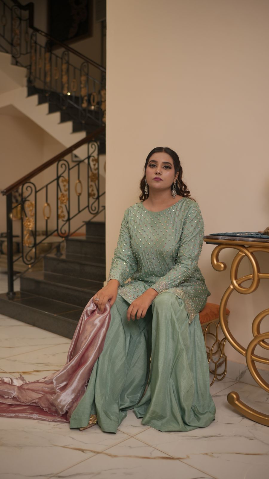 Pastel-Toned Shirt & Box-Pleated Trouser Set – Subtle Glamour, Modern Grace