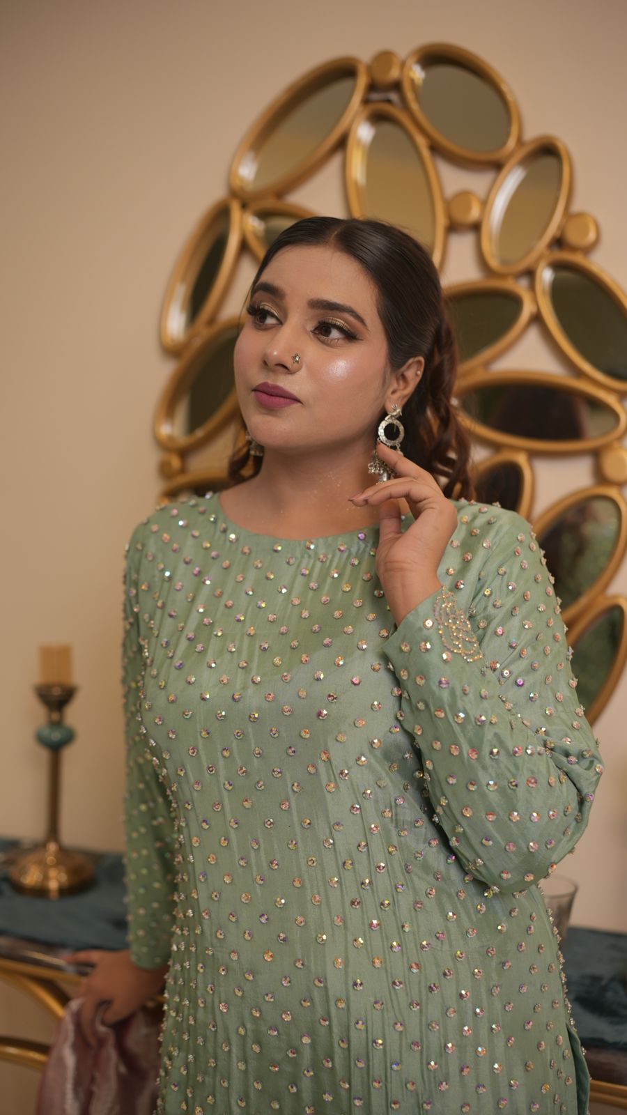 Pastel-Toned Shirt & Box-Pleated Trouser Set – Subtle Glamour, Modern Grace