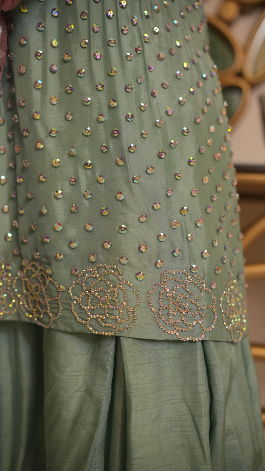 Pastel-Toned Shirt & Box-Pleated Trouser Set – Subtle Glamour, Modern Grace