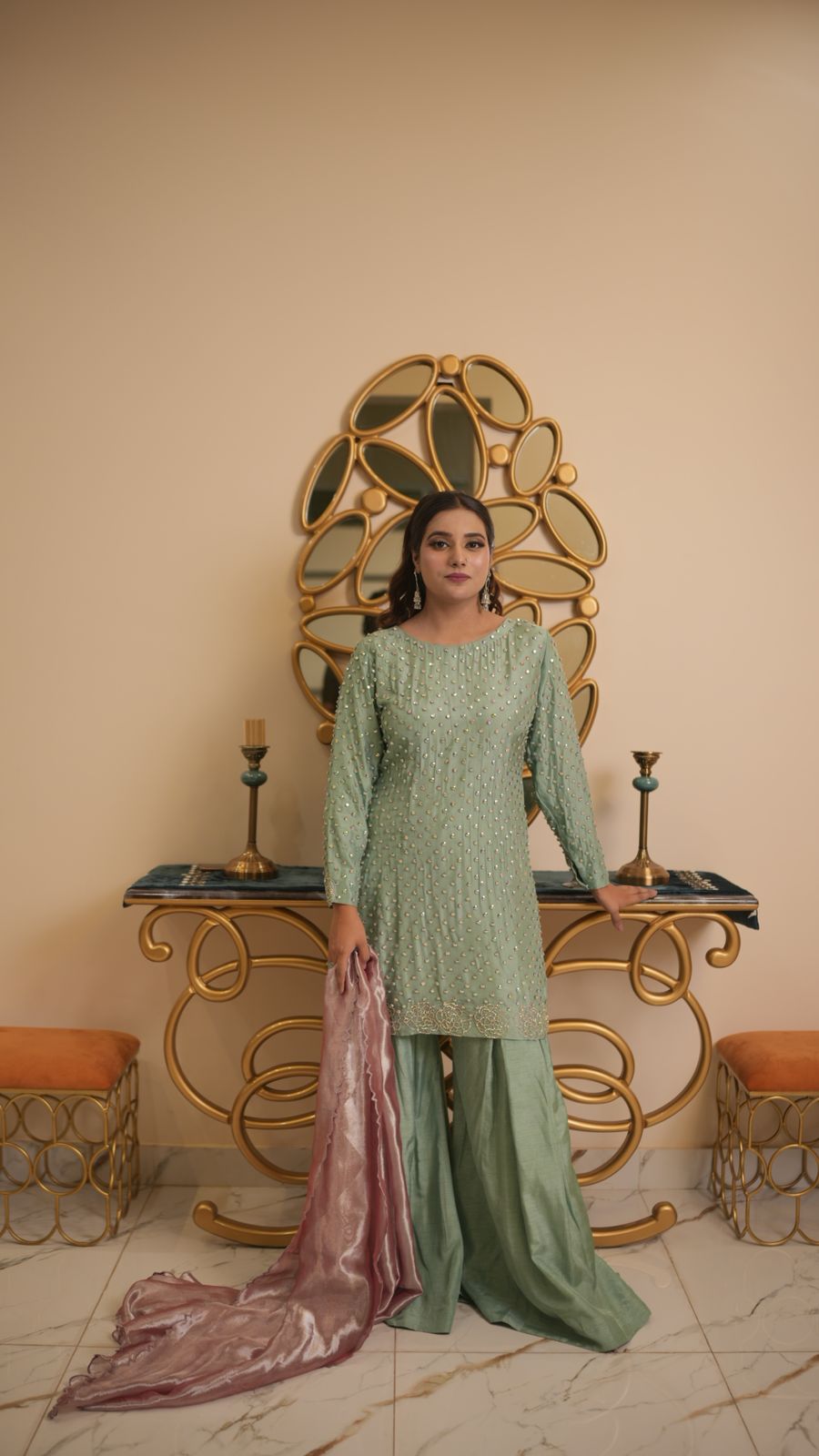 Pastel-Toned Shirt & Box-Pleated Trouser Set – Subtle Glamour, Modern Grace