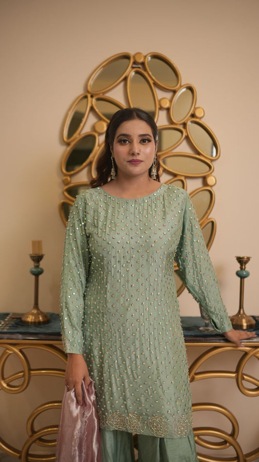 Pastel-Toned Shirt & Box-Pleated Trouser Set – Subtle Glamour, Modern Grace