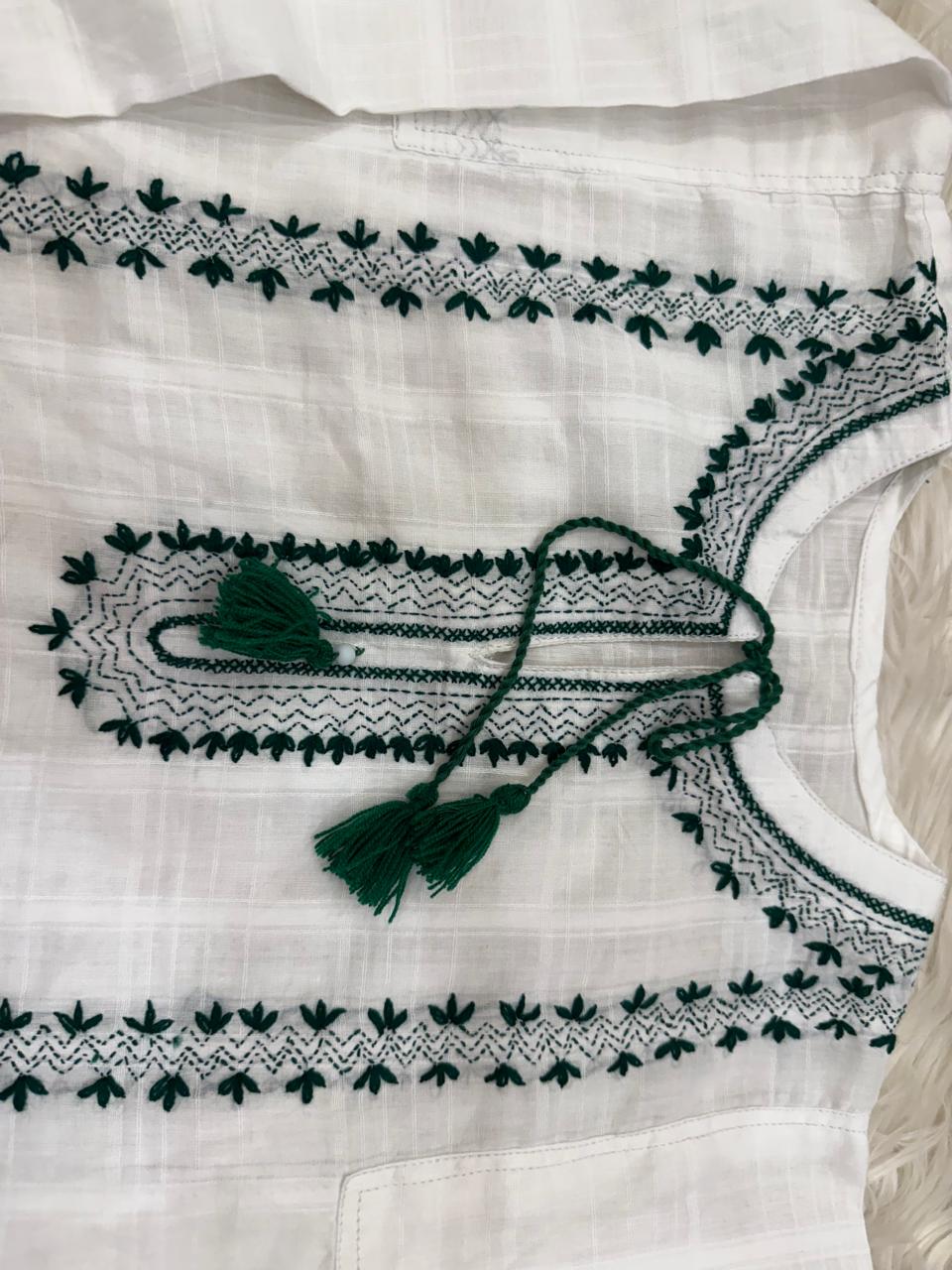White Lawn Cotton Shalwar Kameez with Green Handmade Embroidery – 14th August Special