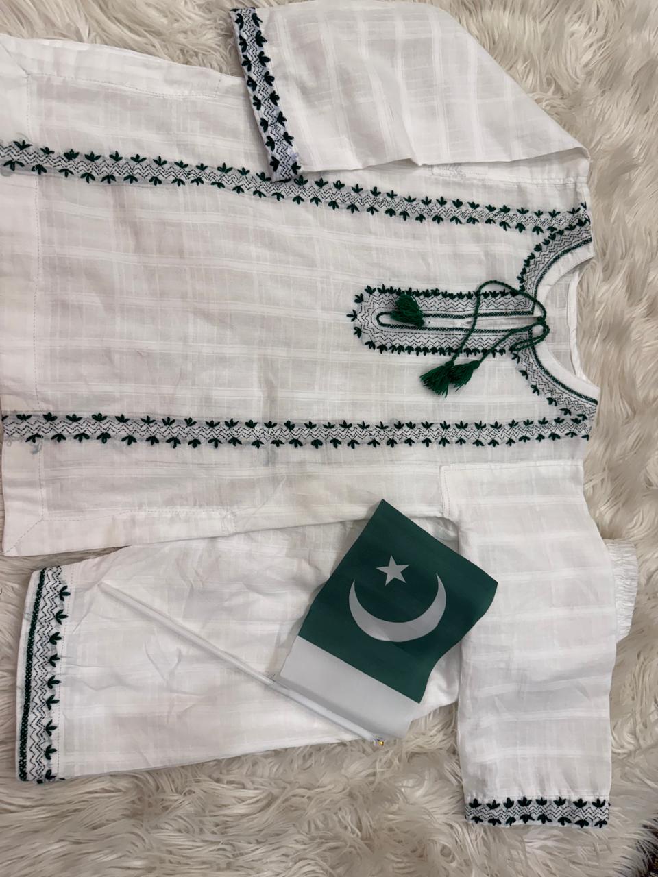 White Lawn Cotton Shalwar Kameez with Green Handmade Embroidery – 14th August Special