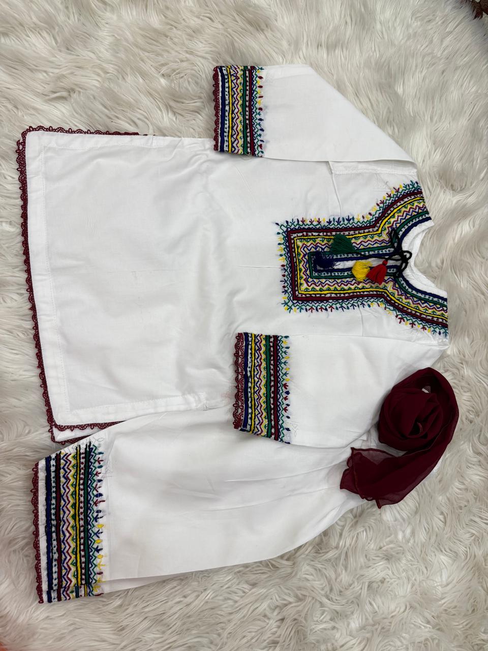 White Lawn Cotton Shalwar Kameez with Colorful Handmade Embroidery