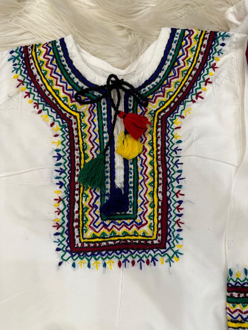 White Lawn Cotton Shalwar Kameez with Colorful Handmade Embroidery