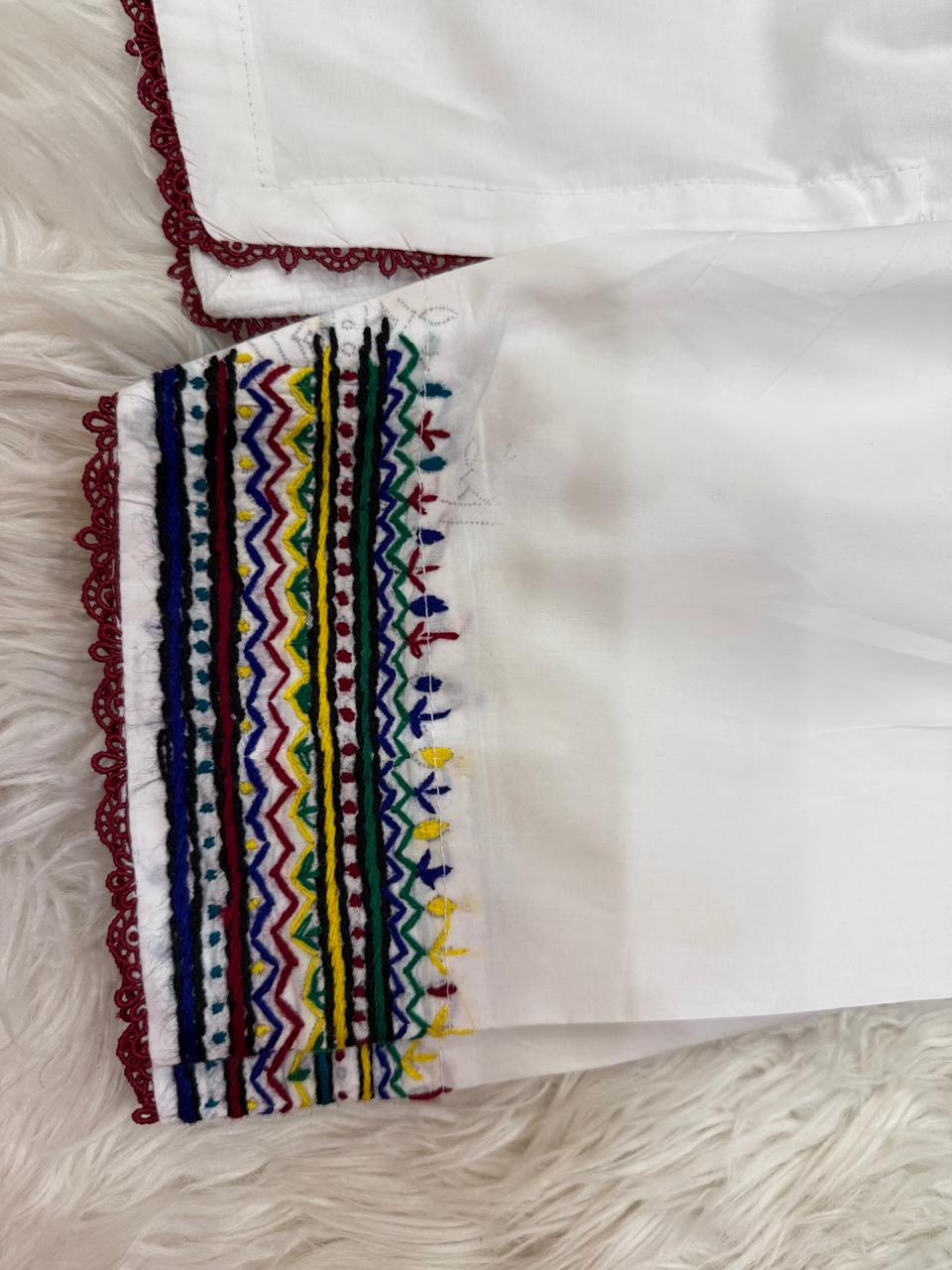 White Lawn Cotton Shalwar Kameez with Colorful Handmade Embroidery
