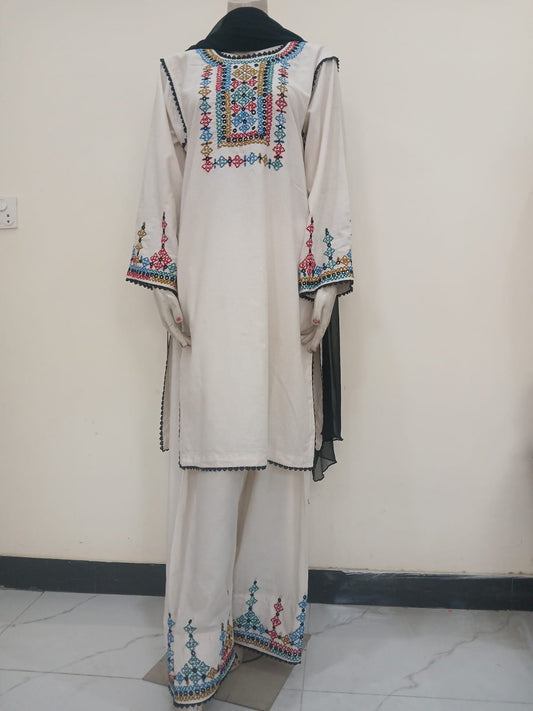 Handmade Embroidered Lawn Cotton Suit with Shesha Work – Fershi Shalwar & Dupatta | Premium Quality