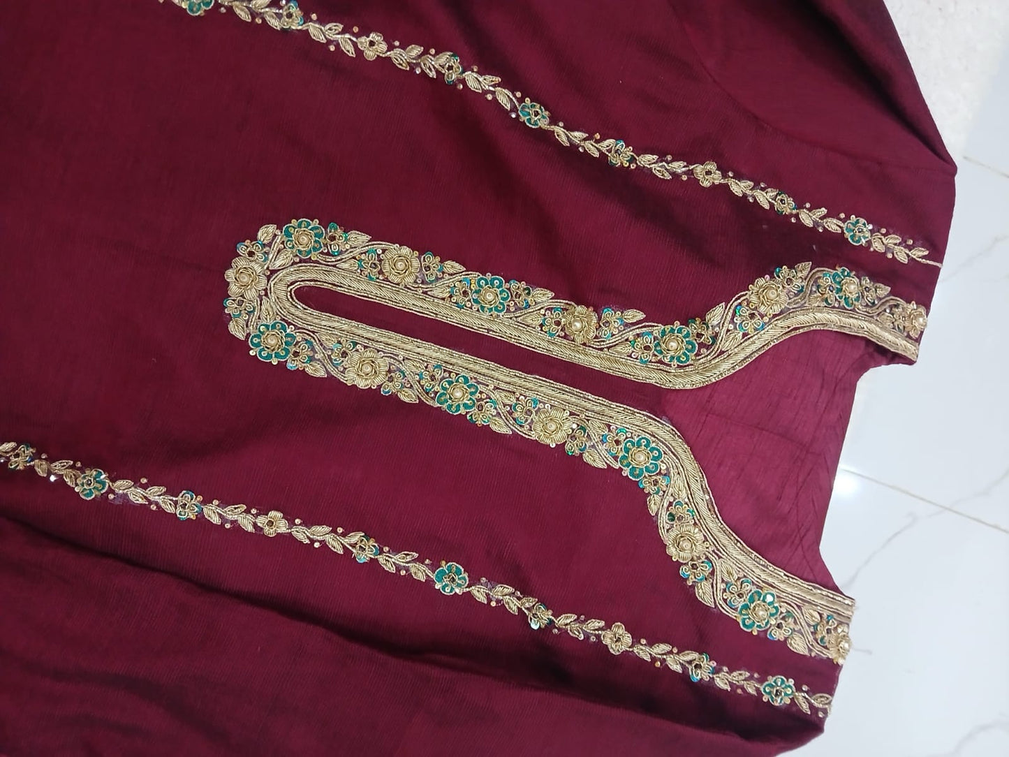 3-Piece Stitched Mehroon Dress with Zardozi & Pearl Detailing