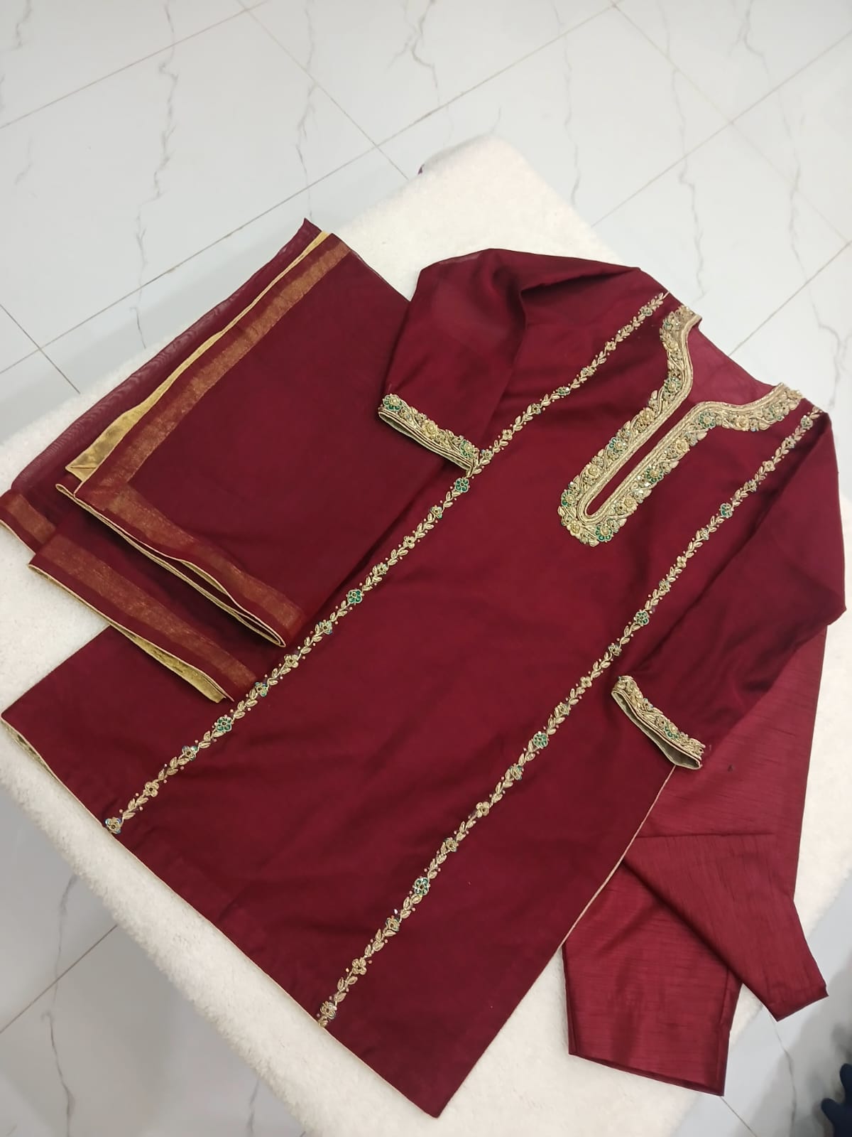 3-Piece Stitched Mehroon Dress with Zardozi & Pearl Detailing
