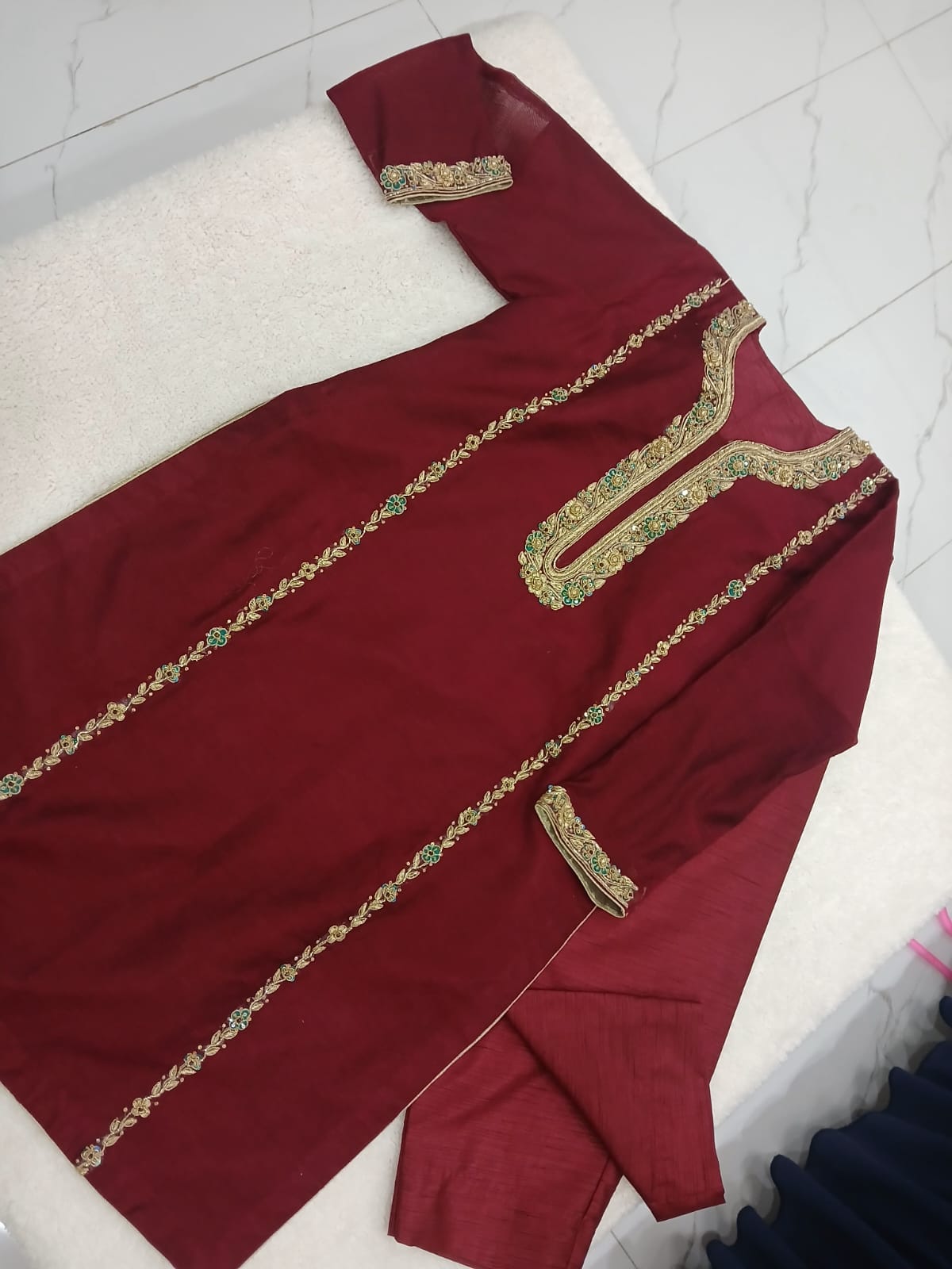 3-Piece Stitched Mehroon Dress with Zardozi & Pearl Detailing