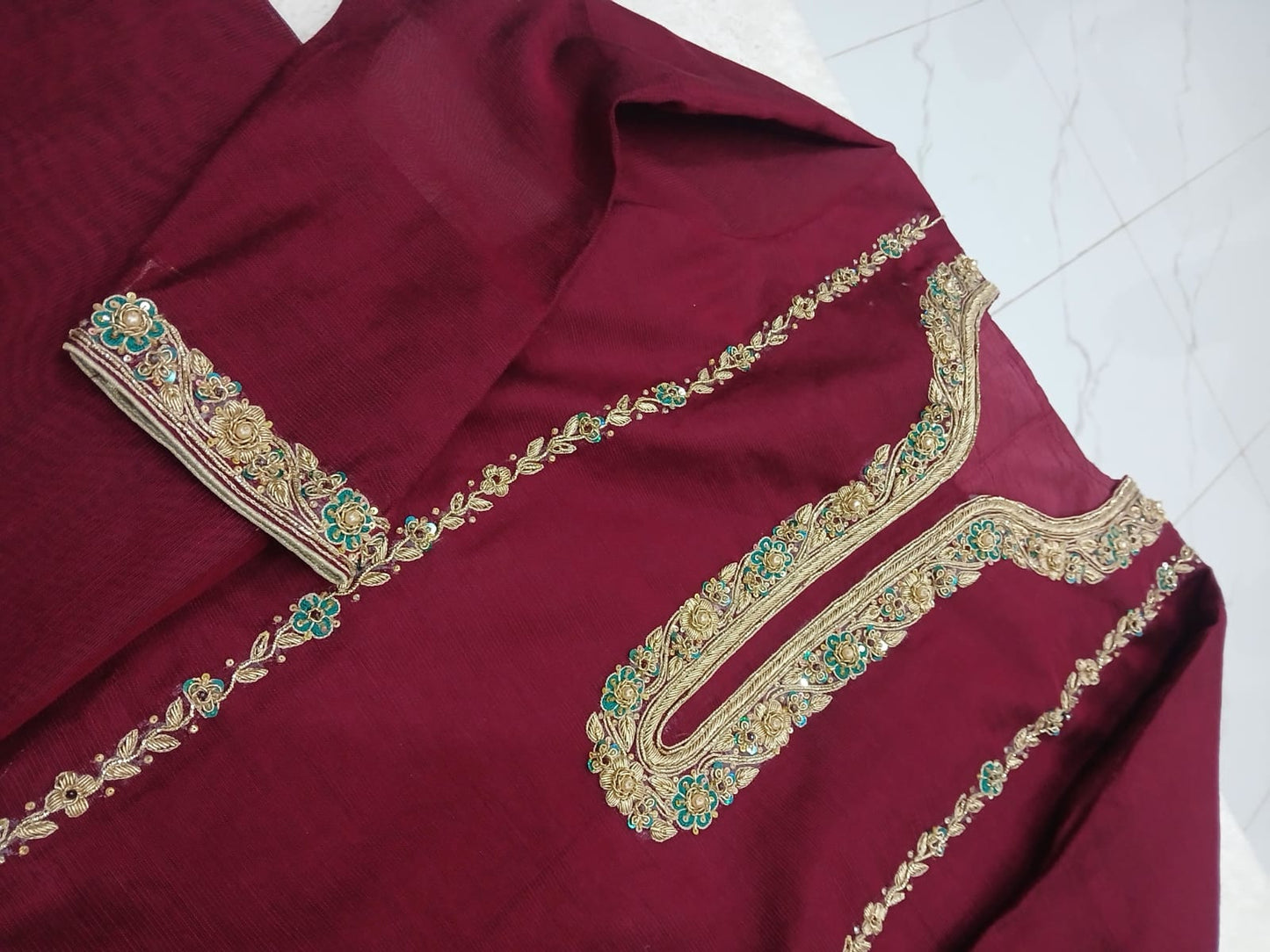 3-Piece Stitched Mehroon Dress with Zardozi & Pearl Detailing