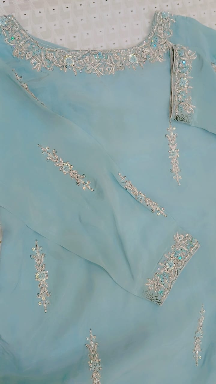 2-Piece Aqua Blue Rameen Silk Dress with Zardozi & Crystal Work