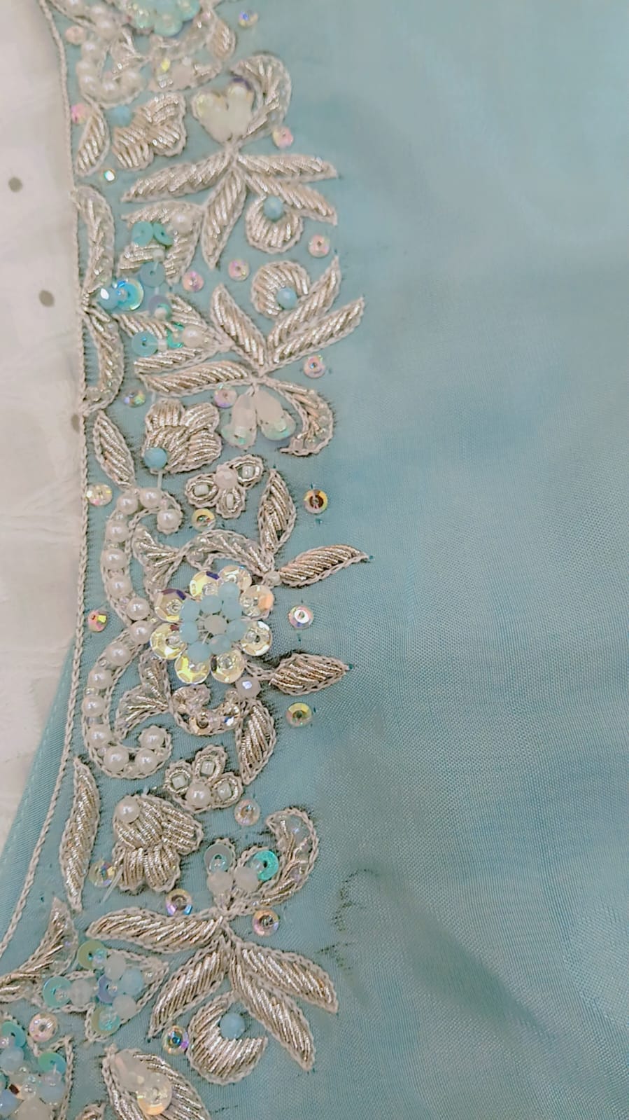 2-Piece Aqua Blue Rameen Silk Dress with Zardozi & Crystal Work