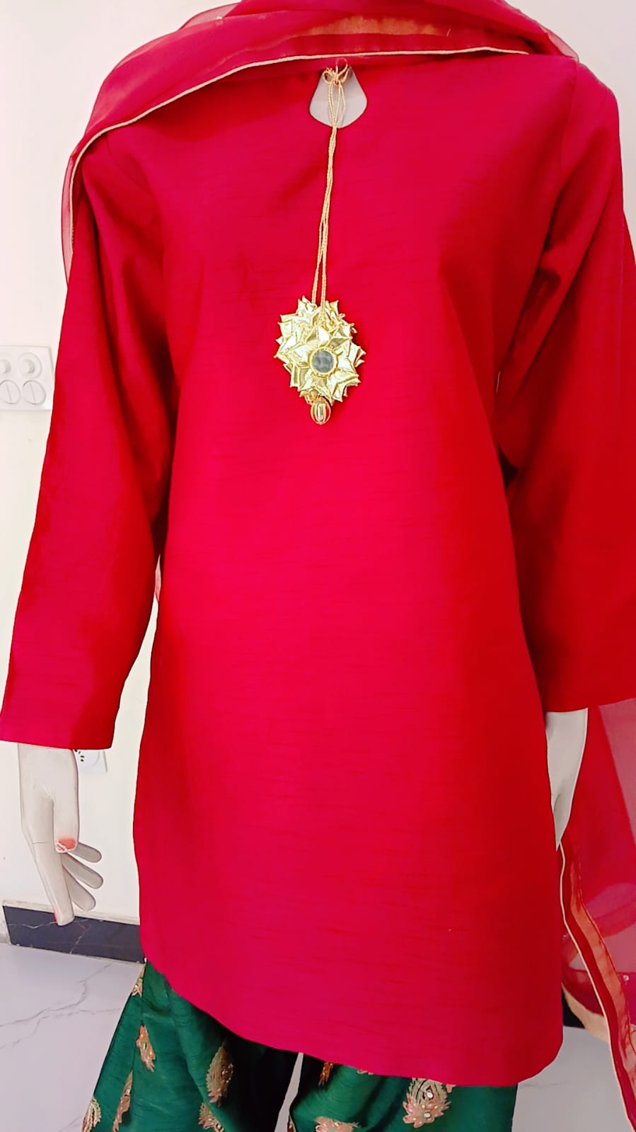 3-Piece Mehroon & Green Block Print Dress with Sitara Work