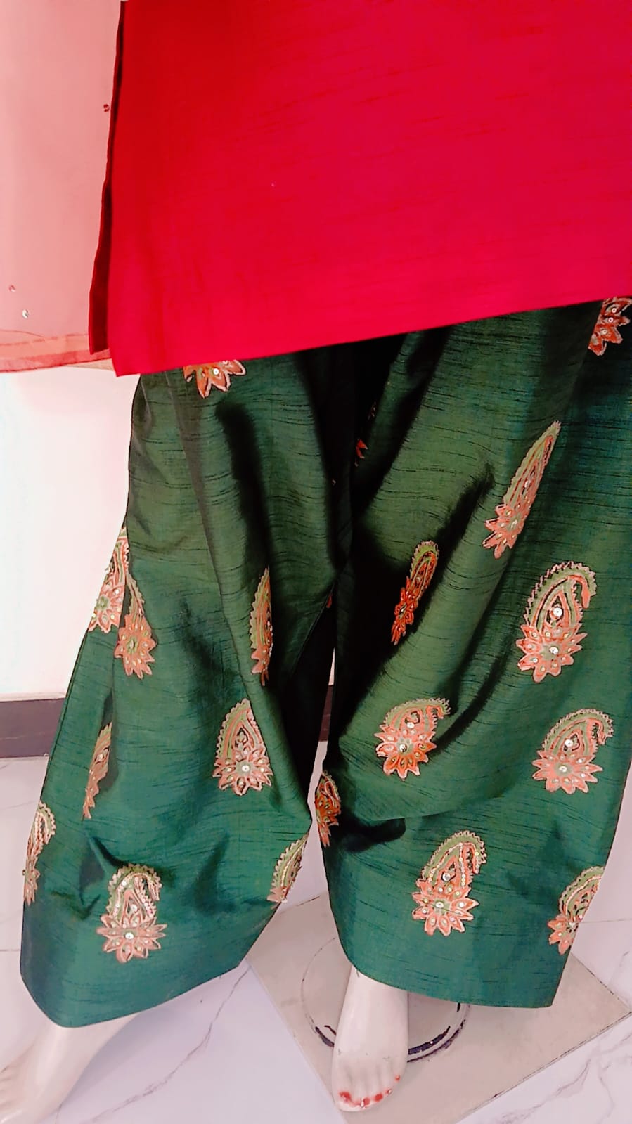 3-Piece Mehroon & Green Block Print Dress with Sitara Work