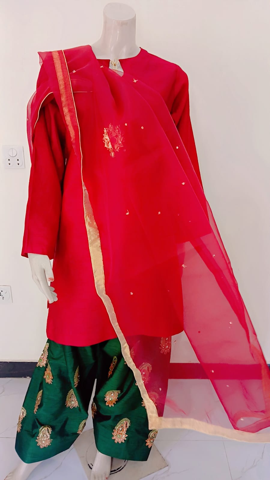 3-Piece Mehroon & Green Block Print Dress with Sitara Work