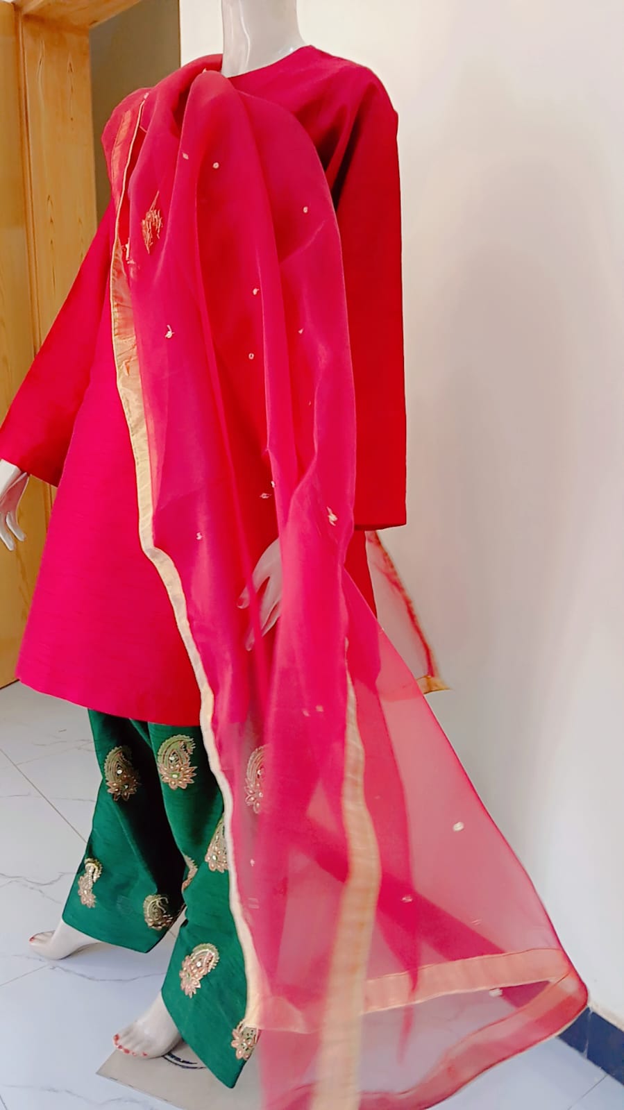 3-Piece Mehroon & Green Block Print Dress with Sitara Work