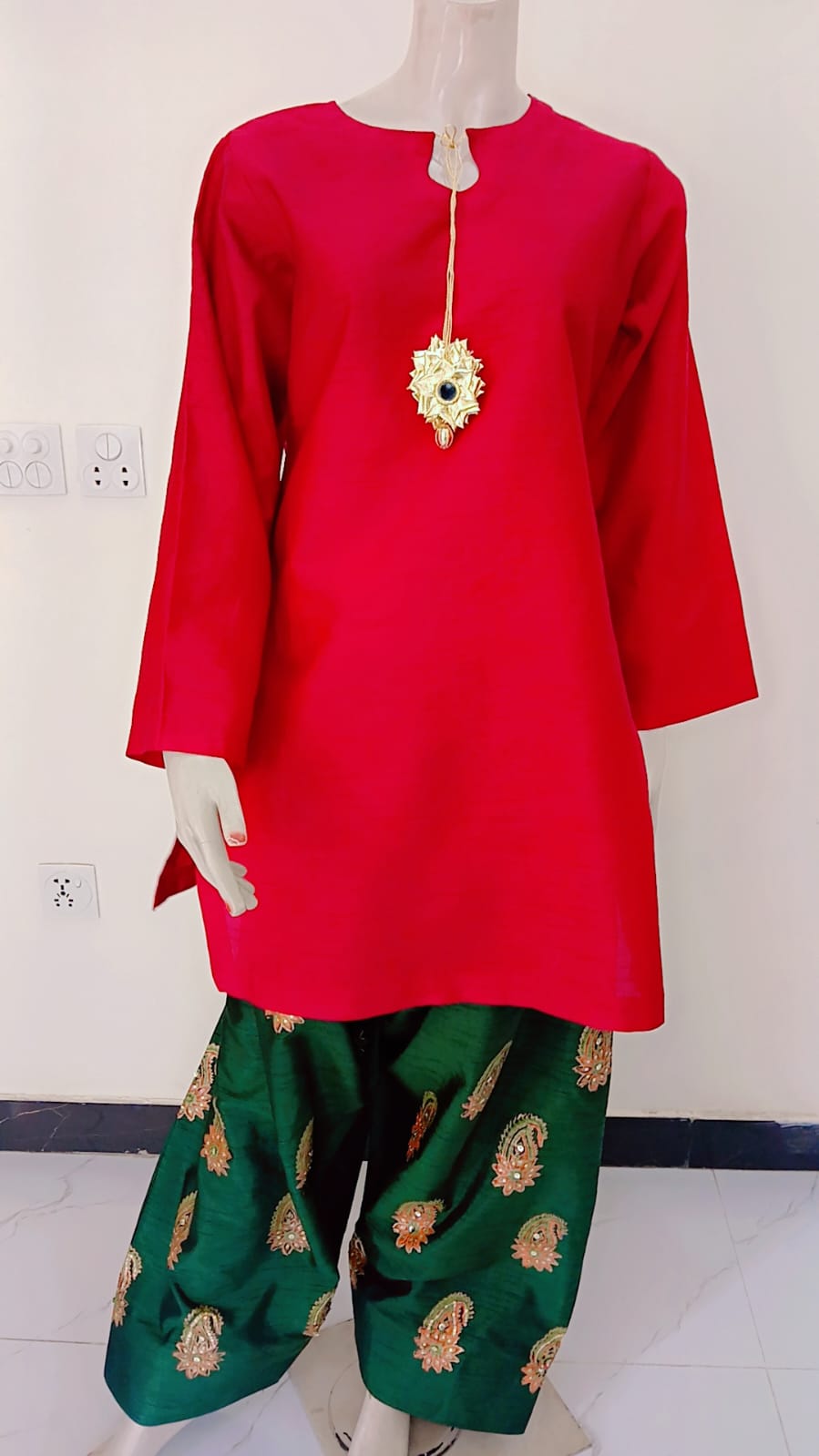 3-Piece Mehroon & Green Block Print Dress with Sitara Work