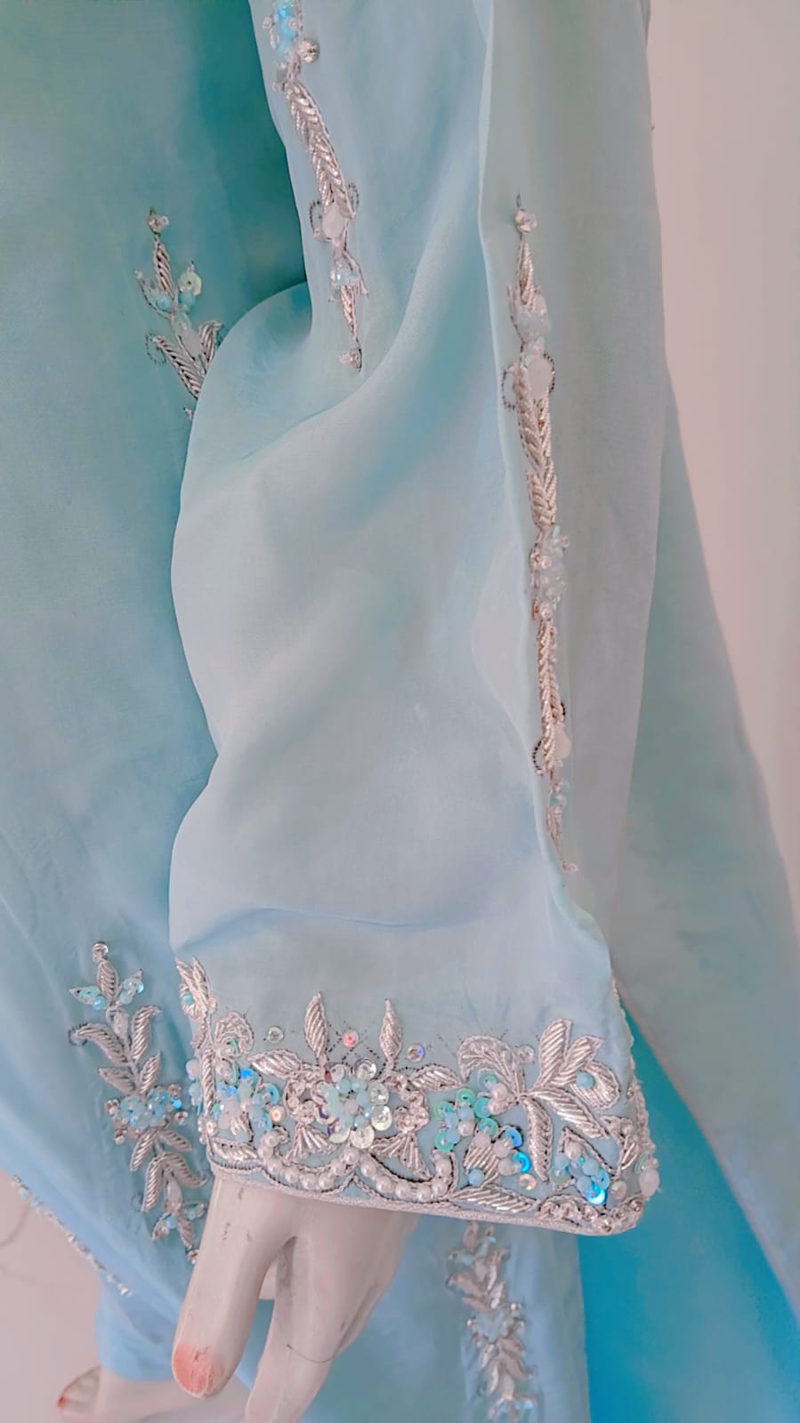 2-Piece Aqua Blue Rameen Silk Dress with Zardozi & Crystal Work
