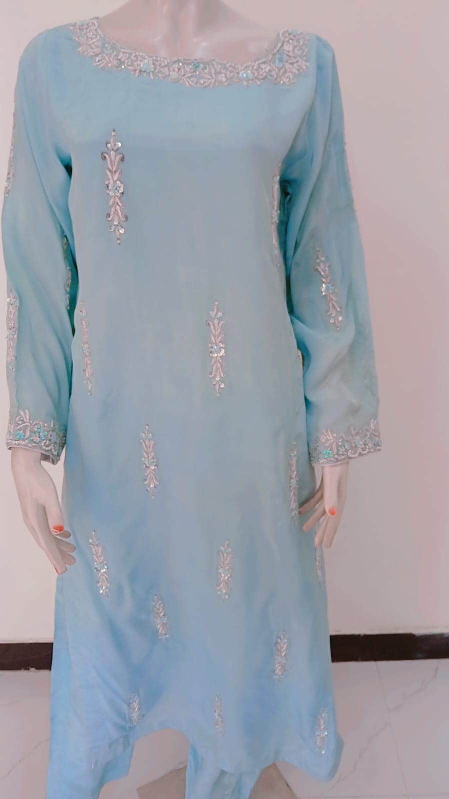 2-Piece Aqua Blue Rameen Silk Dress with Zardozi & Crystal Work
