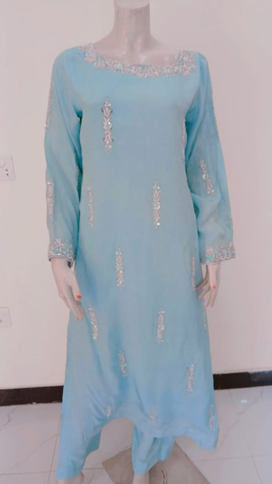 2-Piece Aqua Blue Rameen Silk Dress with Zardozi & Crystal Work