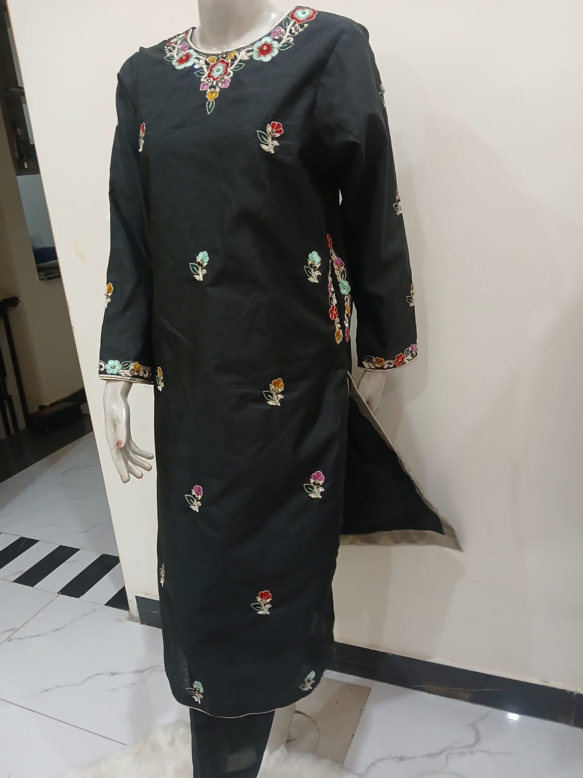 Premium Black Rao Silk Stitched 3-Piece with Handmade Resham & Crystal Work