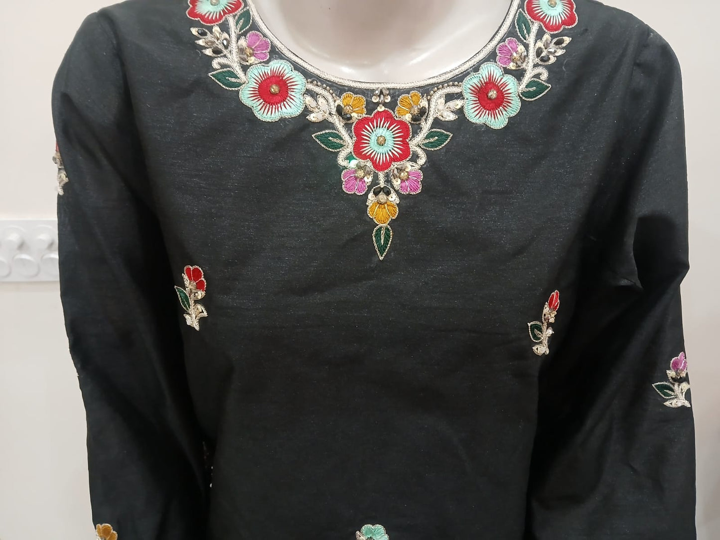 Premium Black Rao Silk Stitched 3-Piece with Handmade Resham & Crystal Work