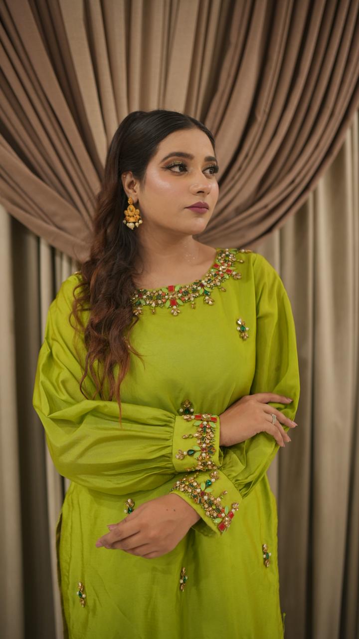 Parrot Green Muse Style Tassel Silk Ensemble with Organza Dupatta