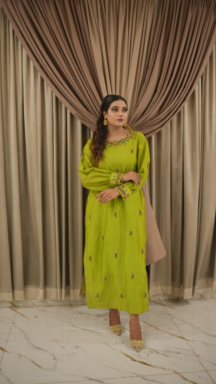 Parrot Green Muse Style Tassel Silk Ensemble with Organza Dupatta