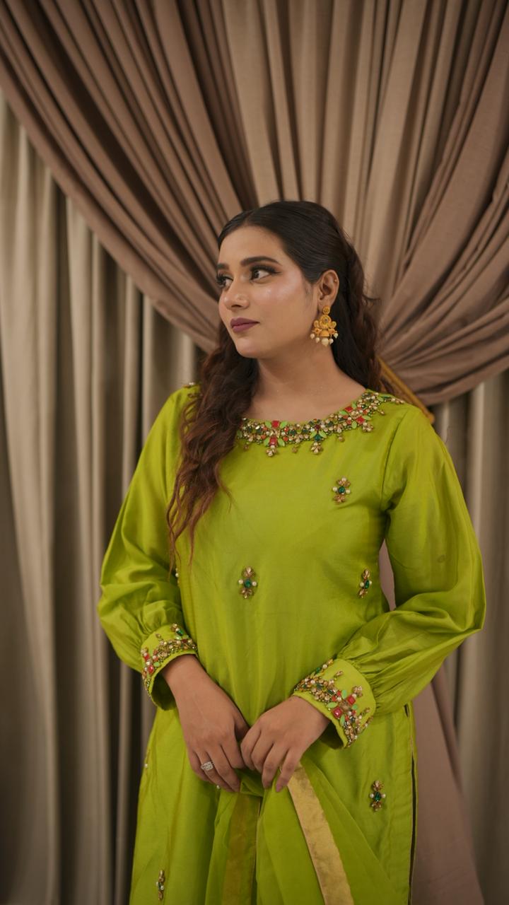 Parrot Green Muse Style Tassel Silk Ensemble with Organza Dupatta
