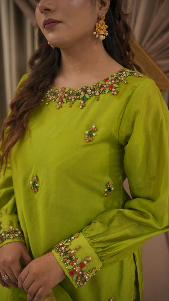 Parrot Green Muse Style Tassel Silk Ensemble with Organza Dupatta