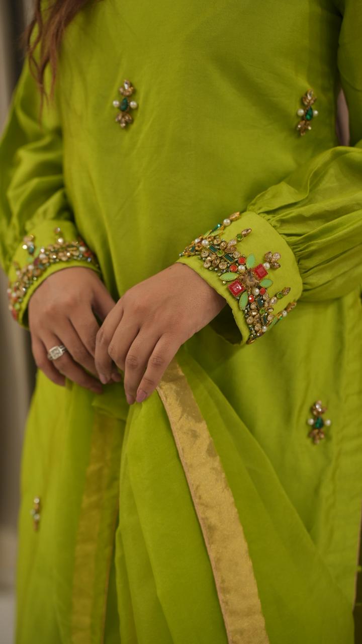 Parrot Green Muse Style Tassel Silk Ensemble with Organza Dupatta