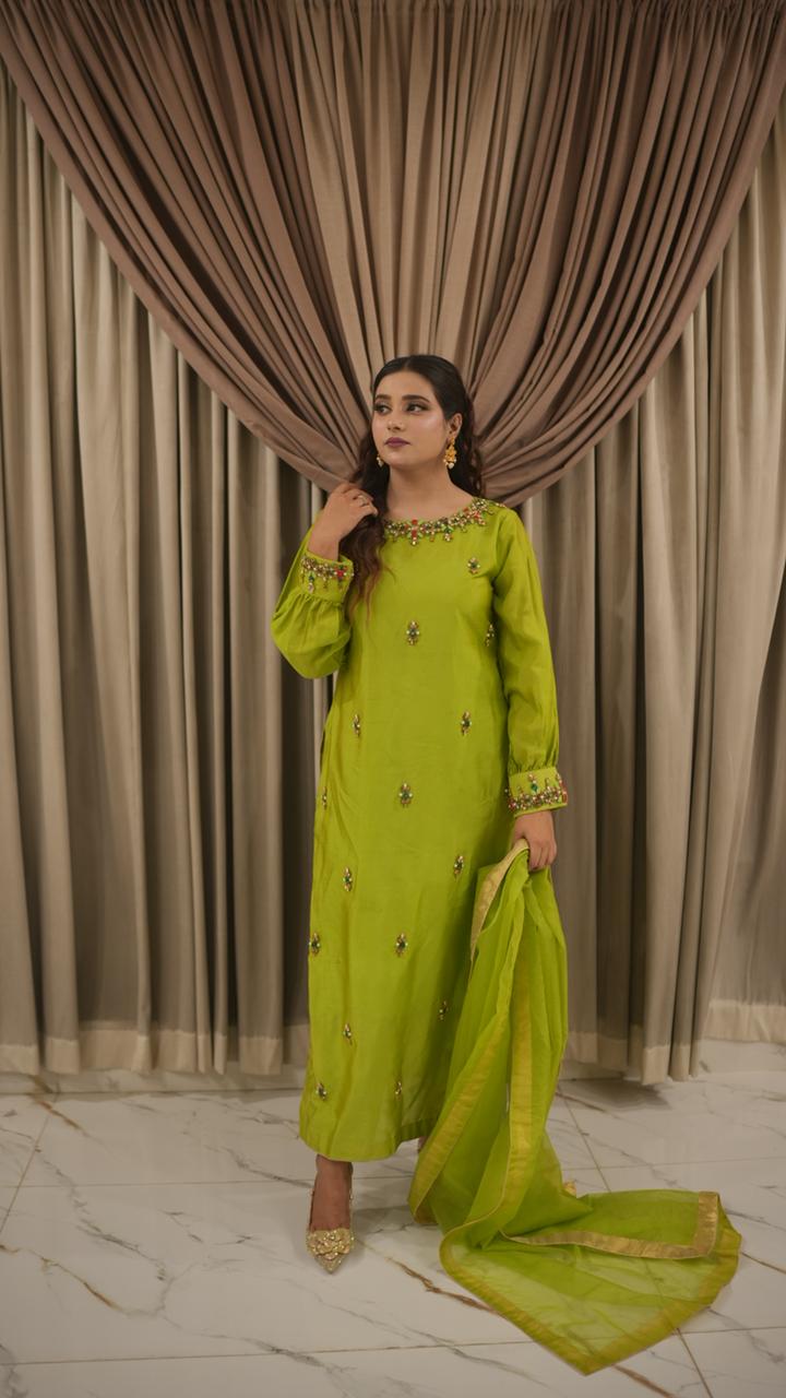 Parrot Green Muse Style Tassel Silk Ensemble with Organza Dupatta