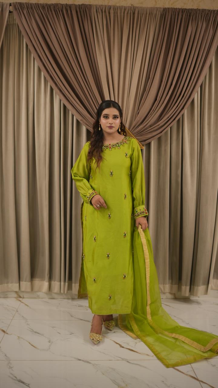 Parrot Green Muse Style Tassel Silk Ensemble with Organza Dupatta