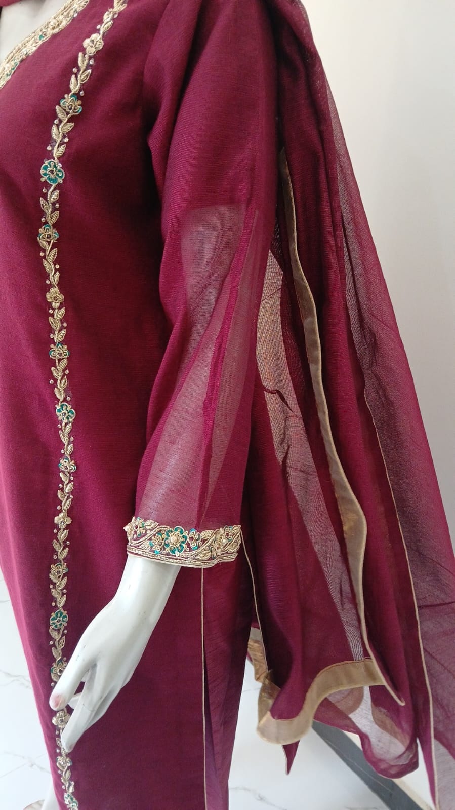 3-Piece Stitched Mehroon Dress with Zardozi & Pearl Detailing