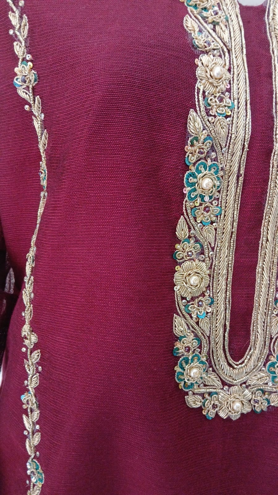 3-Piece Stitched Mehroon Dress with Zardozi & Pearl Detailing