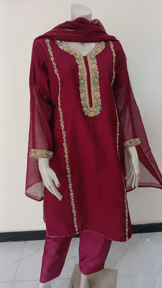 3-Piece Stitched Mehroon Dress with Zardozi & Pearl Detailing
