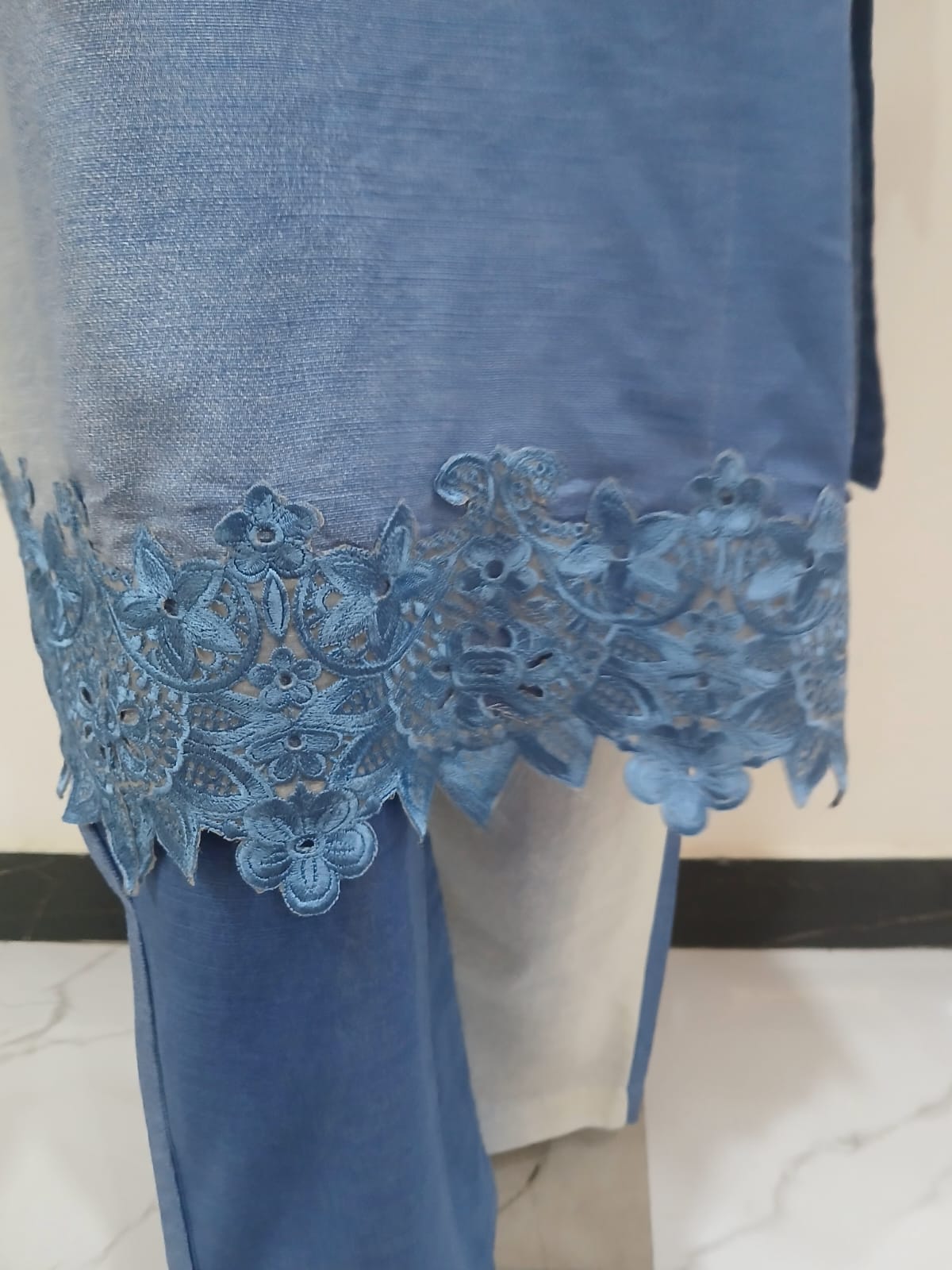 Premium Stitched Khaddar 2-Piece in Blue with Embroidered Sleeves & Bottom