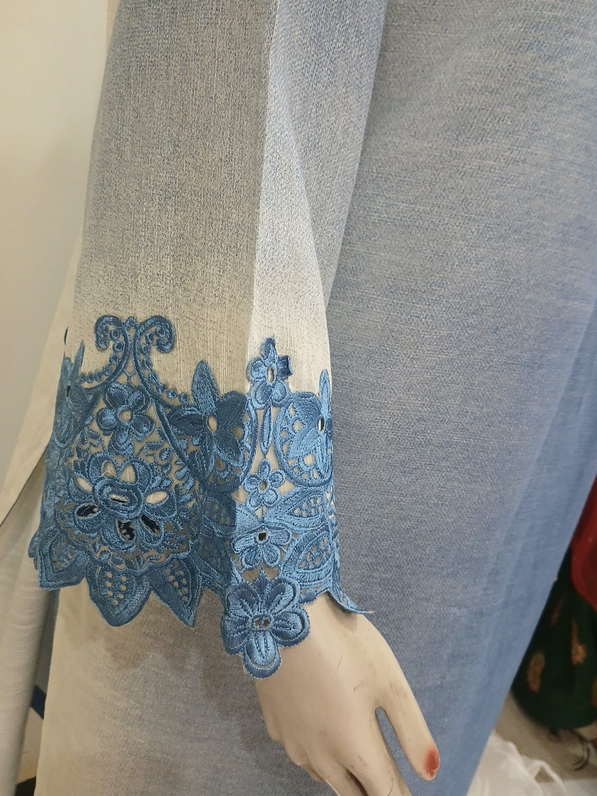 Premium Stitched Khaddar 2-Piece in Blue with Embroidered Sleeves & Bottom