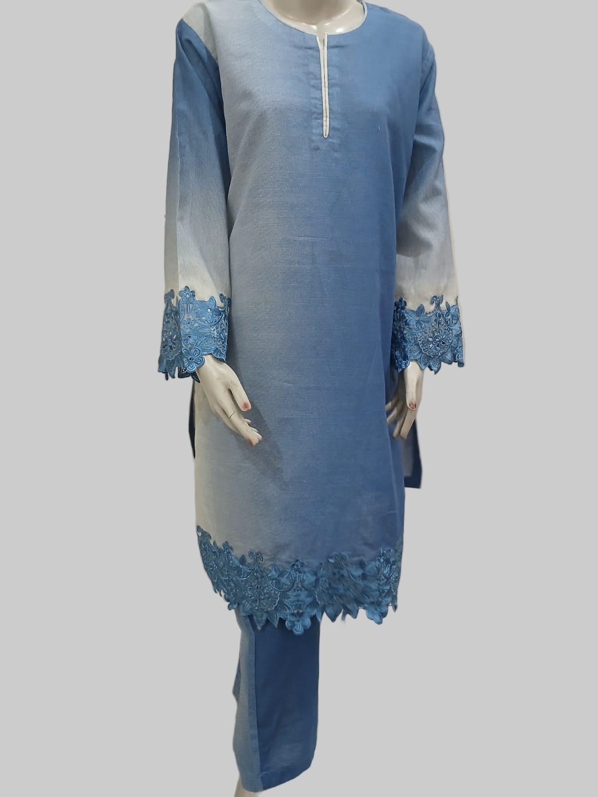 Premium Stitched Khaddar 2-Piece in Blue with Embroidered Sleeves & Bottom