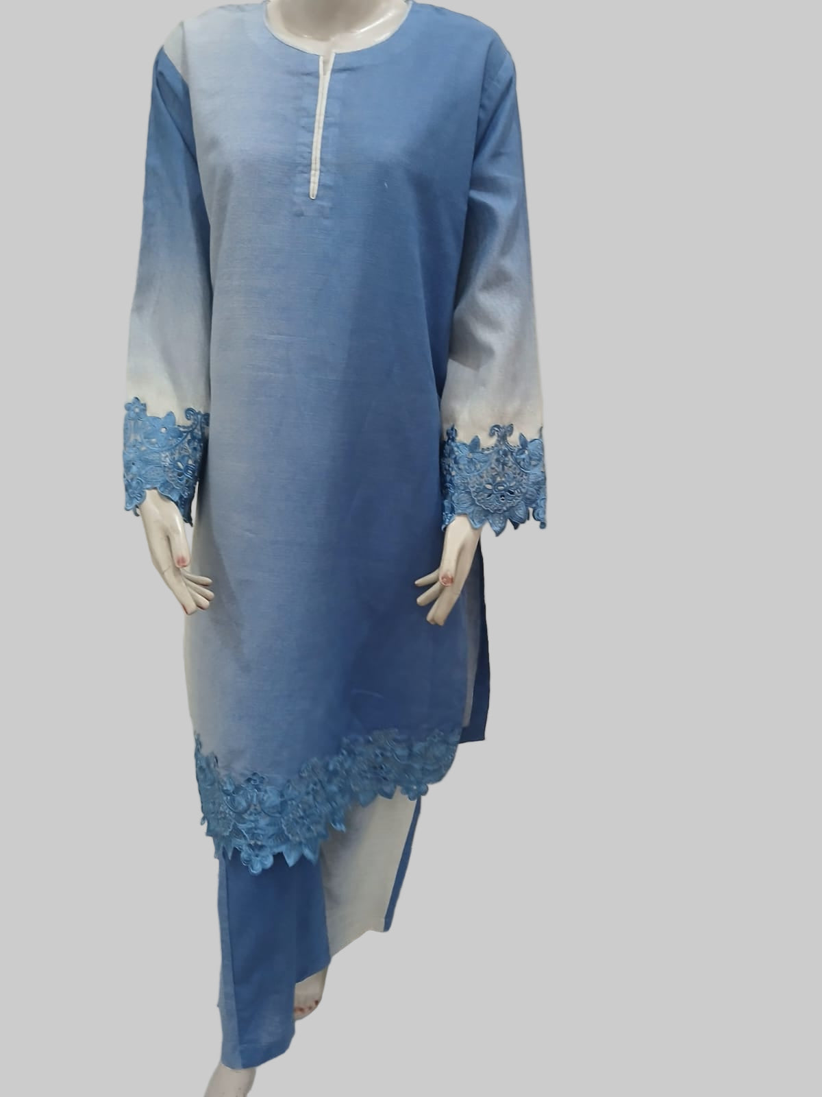 Premium Stitched Khaddar 2-Piece in Blue with Embroidered Sleeves & Bottom