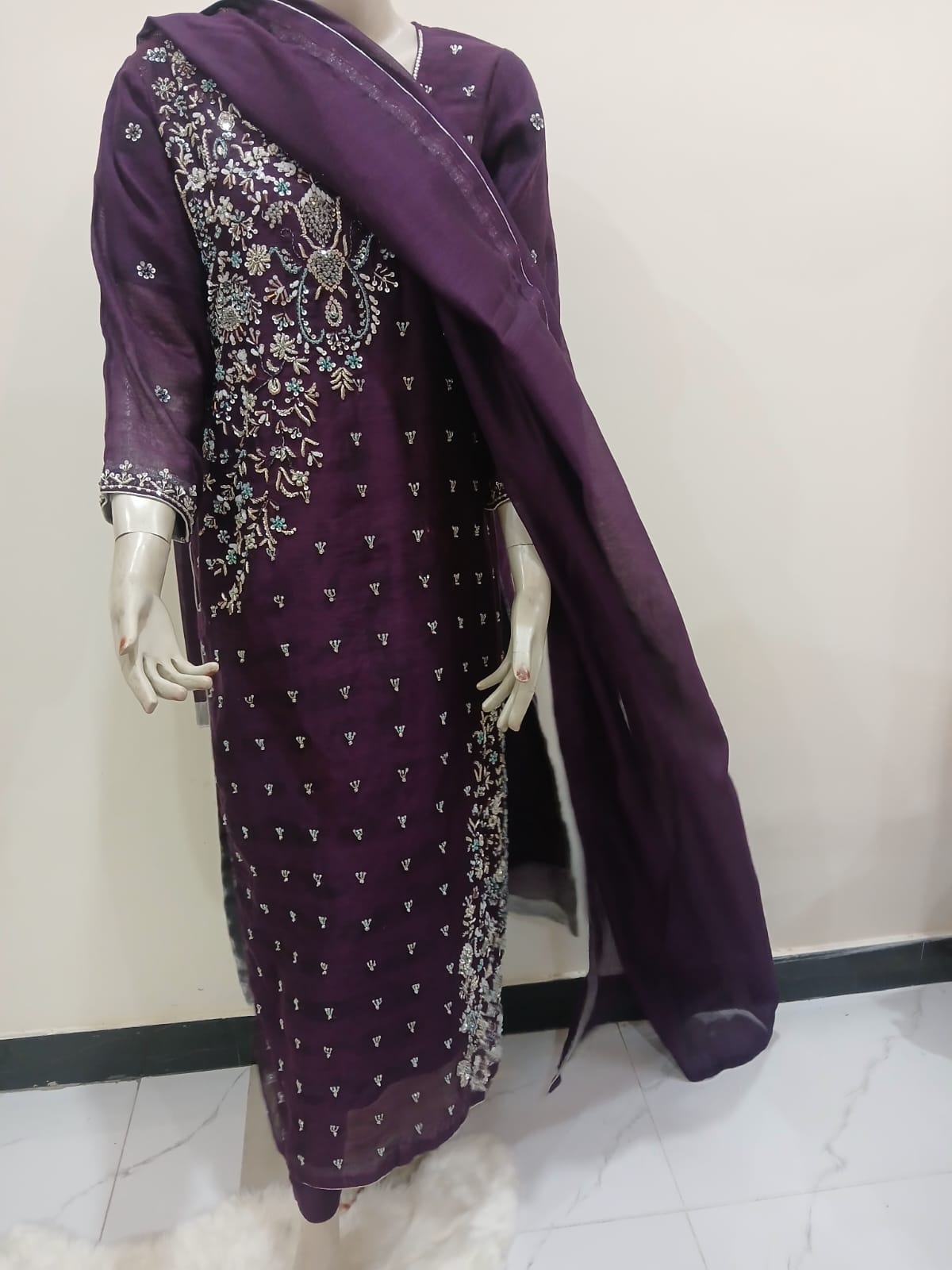 Premium Stitched Purple Embroidered 3-Piece Dress – Wedding Wear