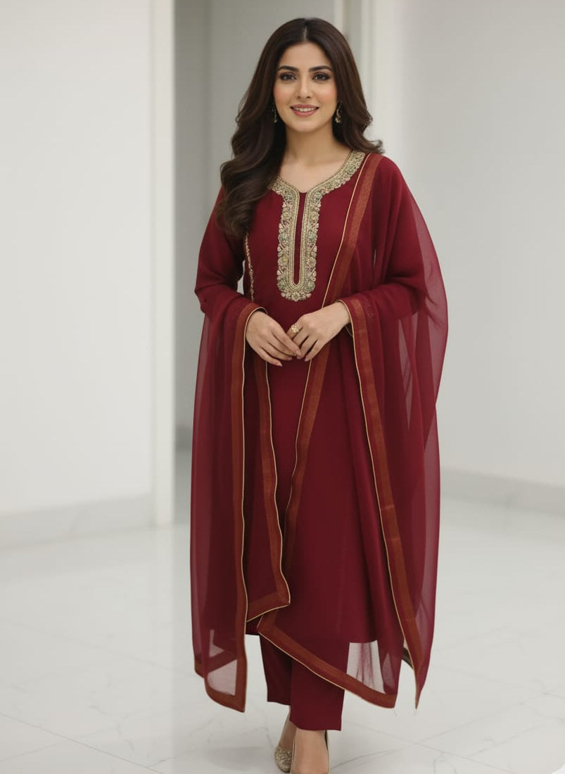 3-Piece Stitched Mehroon Dress with Zardozi & Pearl Detailing