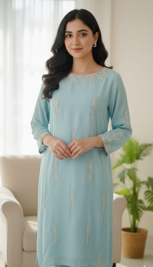 2-Piece Aqua Blue Rameen Silk Dress with Zardozi & Crystal Work